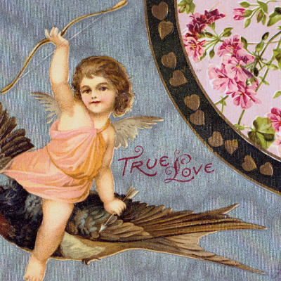Valentine's Day card with cupid riding a swallow and the words “true love."