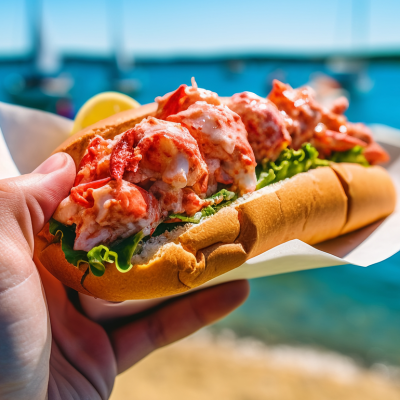 Hand holding lobster roll with summer harbor in background.
