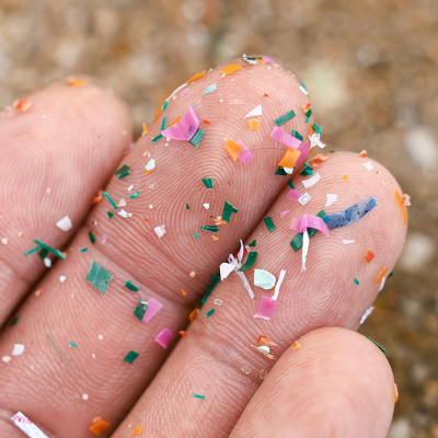 Close-up detail of microplastic particles on hand.