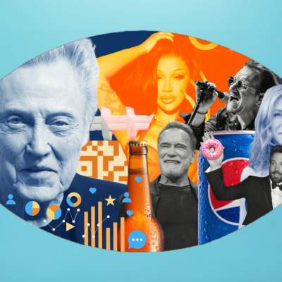 Photo illustration with Christopher Walken, Cardi B,  Arnold Schwarzenegger, Bono, Jennifer Aniston, and Ben Affleck collaged over a football on an LED screen.