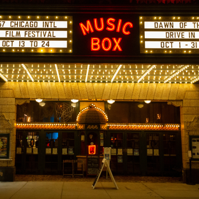 Entrance to the Music Box Theatre at night