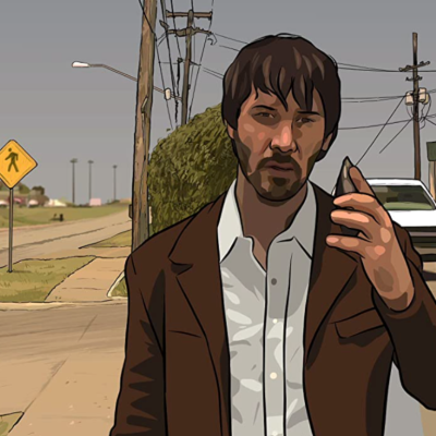 Illustration of Keanu Reeves in a scene from ‘A Scanner Darkly’