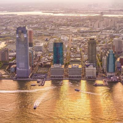 Aerial view of Jersey CIty at sunset.