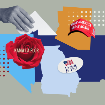 Hand placing ballot into collage of state shapes with “I voted/Yo Vote” sticker and symbolic representations of presidential candidates.