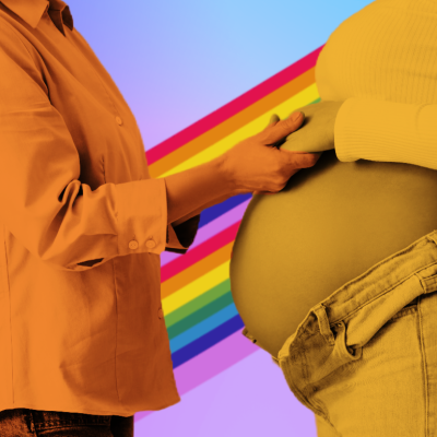 Doula holding hands of pregnant woman with rainbow background.