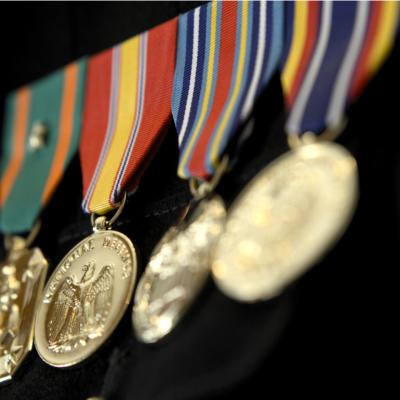 Closeup of four military medals on USMC Marines uniform