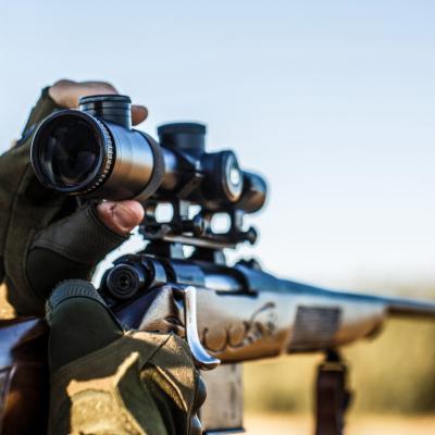 Closeup of hunter aiming rifle 
