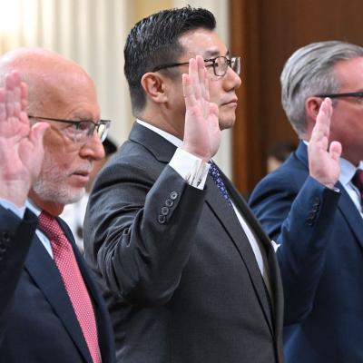 Conservative Republican election attorney Ben Ginsberg, Former Georgia US Attorney B.J. Pak and former Philadelphia city commissioner Al Schmidt, are sworn-in before testifying during a hearing by the Select Committee to Investigate the January 6th Attack on the US Capitol in the Cannon House Office Building on June 13, 2022 in Washington, DC.