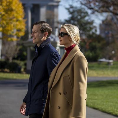 Jared Kushner and Ivanka Trump walk on the south lawn of the White House on November 29, 2020 in Washington, DC.