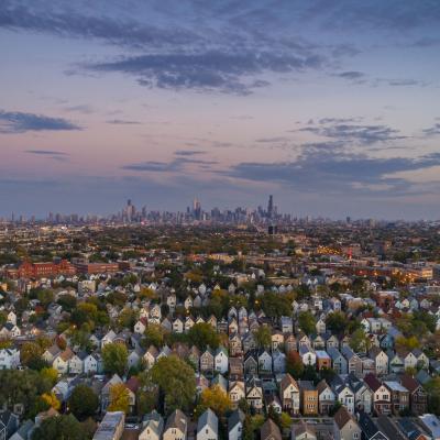 Naperville, a Chicago suburb, in the foreground with Chicago skyscrapers in the background.