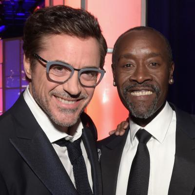 Robert Downey Jr. and Don Cheadle backstage at the 2016 ABFF Awards: A Celebration Of Hollywood at The Beverly Hilton Hotel on February 21, 2016 in Beverly Hills, California.