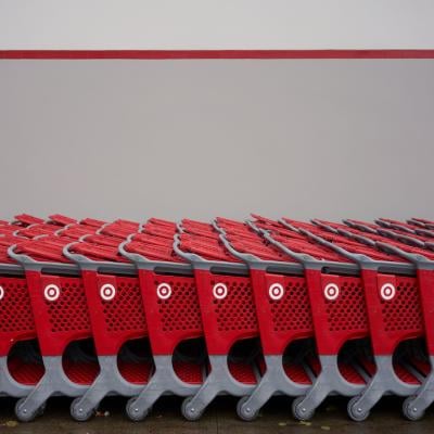 Rows of Target branded shopping carts parked outside a Target Store in Tigard, a southwestern suburb within the Portland, Washington metro area.
