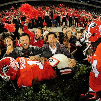 Chuks Amaechi #41 of the Georgia Bulldogs celebrates with fans after the game against the Missouri Tigers on October 17, 2015 in Atlanta, Georgia.