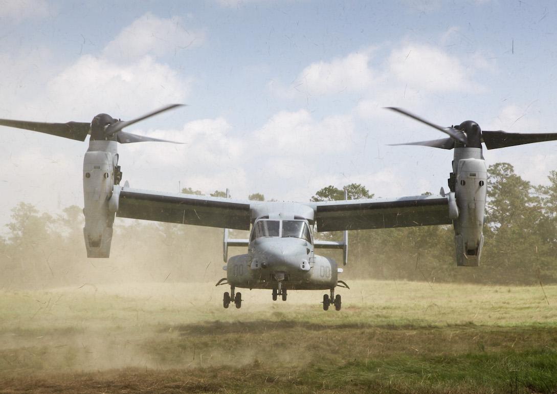 Rolls-Royce AE-1107C engine powered US Marine Corp Bell Boeing V-22 Osprey, an American multi-mission, tiltrotor military aircraft, at New River Naval Base, North Carolina.