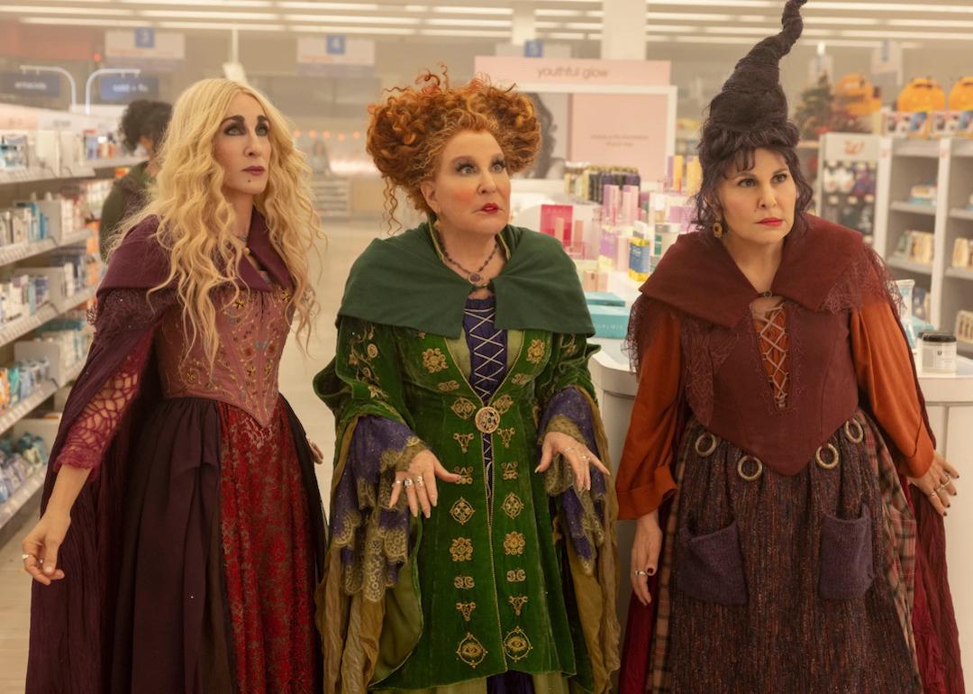 Sarah Jessica Parker as Sarah Sanderson, Bette Midler as Winifred Sanderson, and Kathy Najimy as Mary Sanderson in "Hocus Pocus 2"