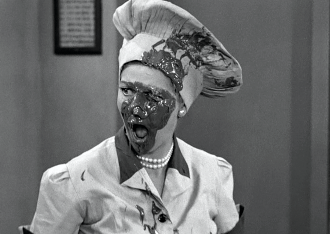Lucille Ball on the chocolate factory episode of "I Love Lucy" with chocolate all over her.