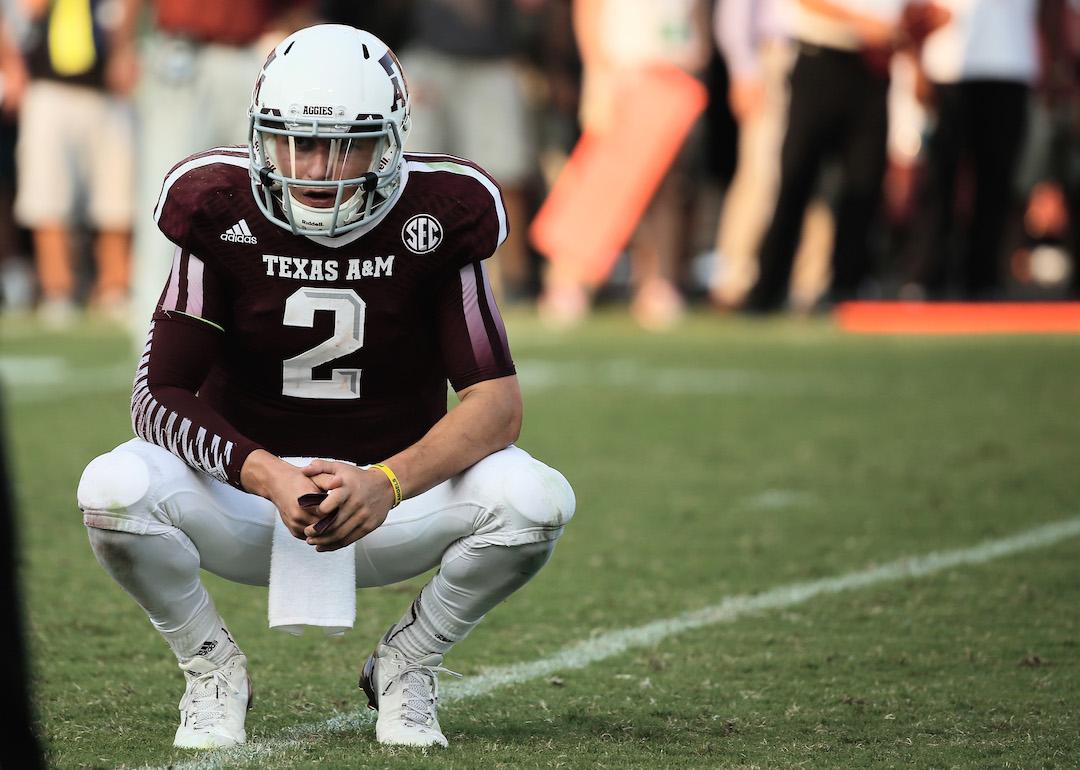 Johnny Manziel, #2 of the Texas A&M Aggies, reacts to a play in the fourth quarter during a game against the Alabama Crimson Tide at Kyle Field on September 14, 2013 in College Station, Texas.