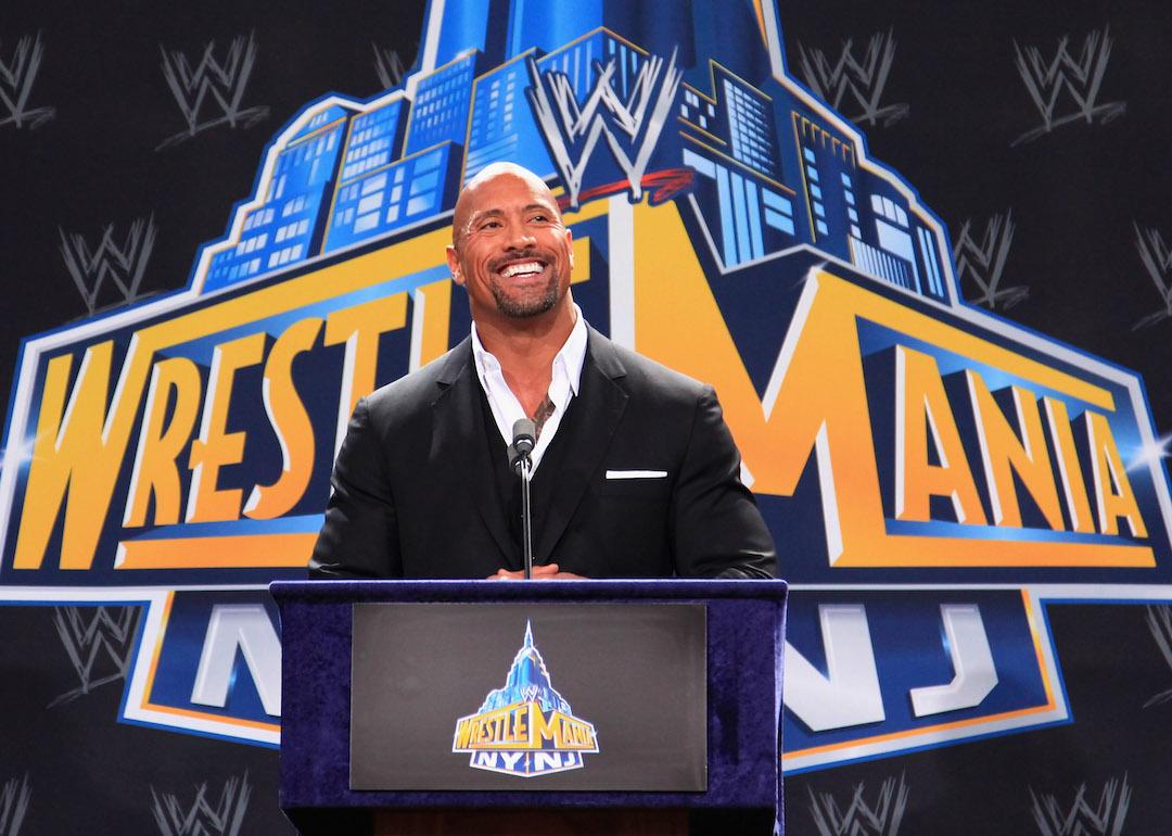 Actor and WWE Professional Wrestler Dwayne "The Rock" Johnson attends a press conference to announce Wrestle Mania XXIX at MetLife Stadium in 2012 in East Rutherford, New Jersey. 