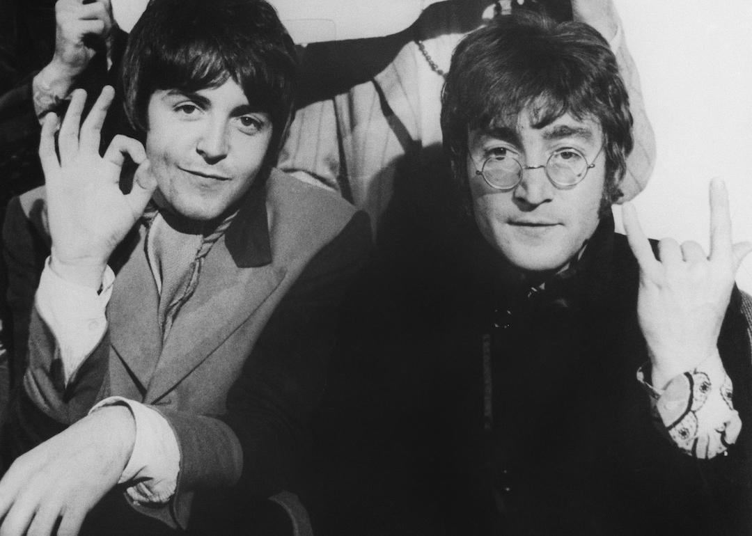Paul McCartney and John Lennon during The Beatles' announcement of the animated film "Yellow Submarine," released in 1968.