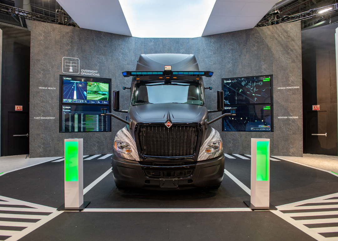 A self-driving semi-truck on display at the CES tech show in Las Vegas.