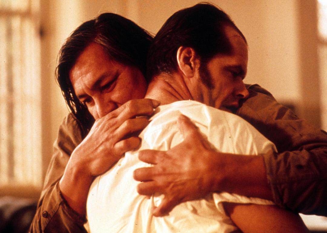 Will Sampson hugs Jack Nicholson in a scene from the 1975 film 'One Flew Over The Cuckoo's Nest'