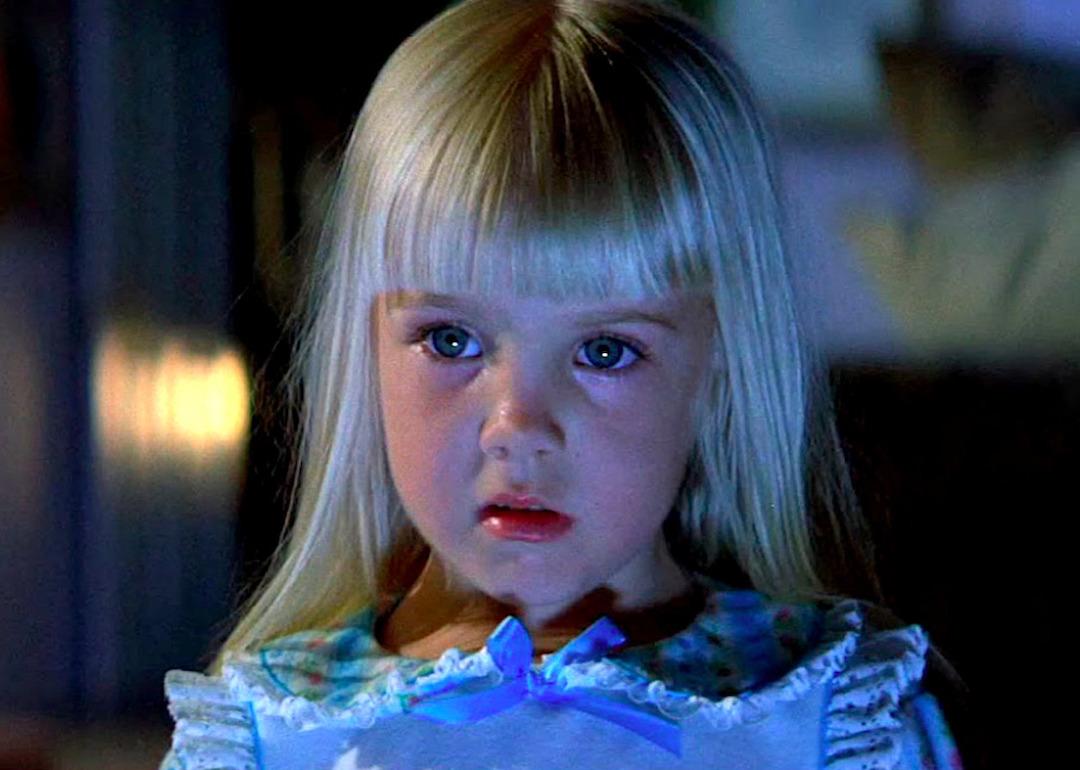Heather O'Rourke as Carol Anne, staring at the TV, in a famous scene from the 1980s horror movie 'Poltergeist.'