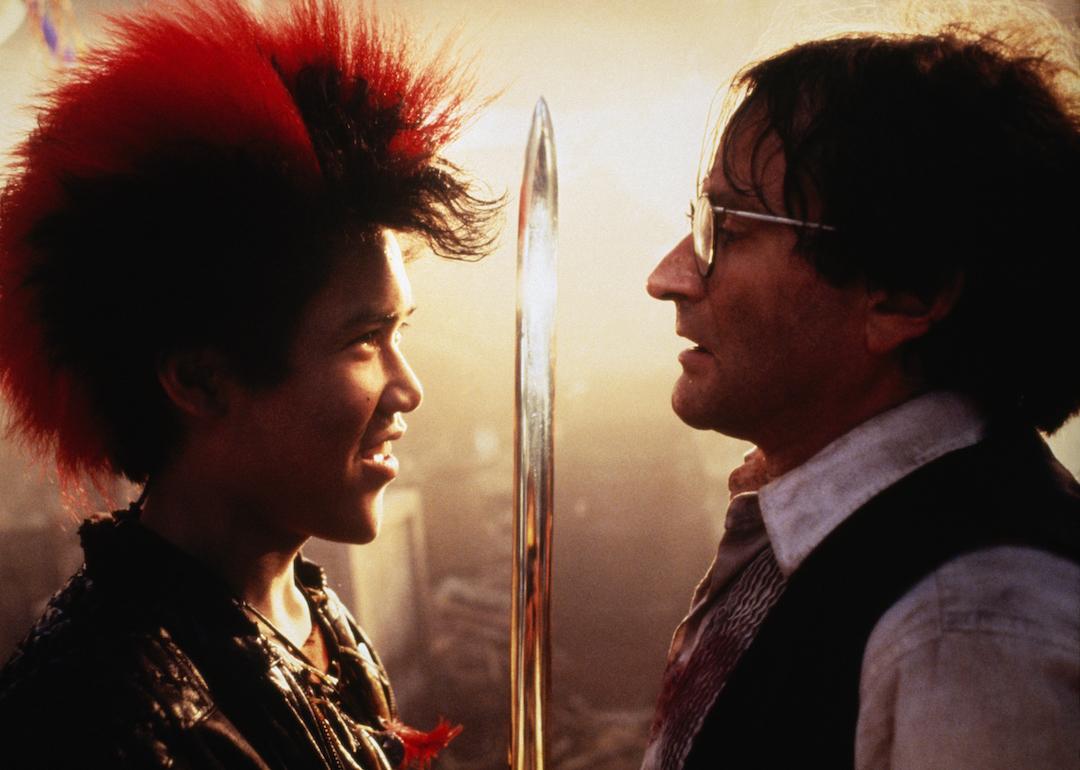 Actors Dante Basco and Robin Williams on the set of the film 'Hook,' directed by Steven Spielberg.
