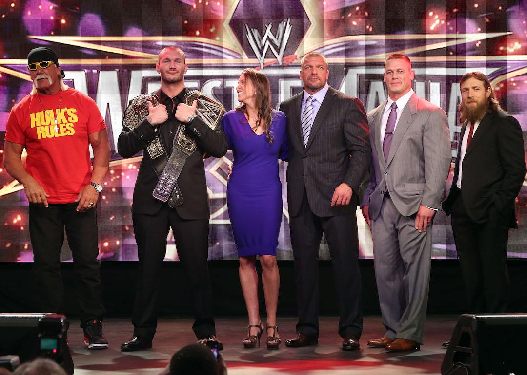 Hulk Hogan, Randy Orton, Stephanie McMahon, Triple H, John Cena, and Daniel Bryan attend a WrestleMania 30 press conference in New York City.