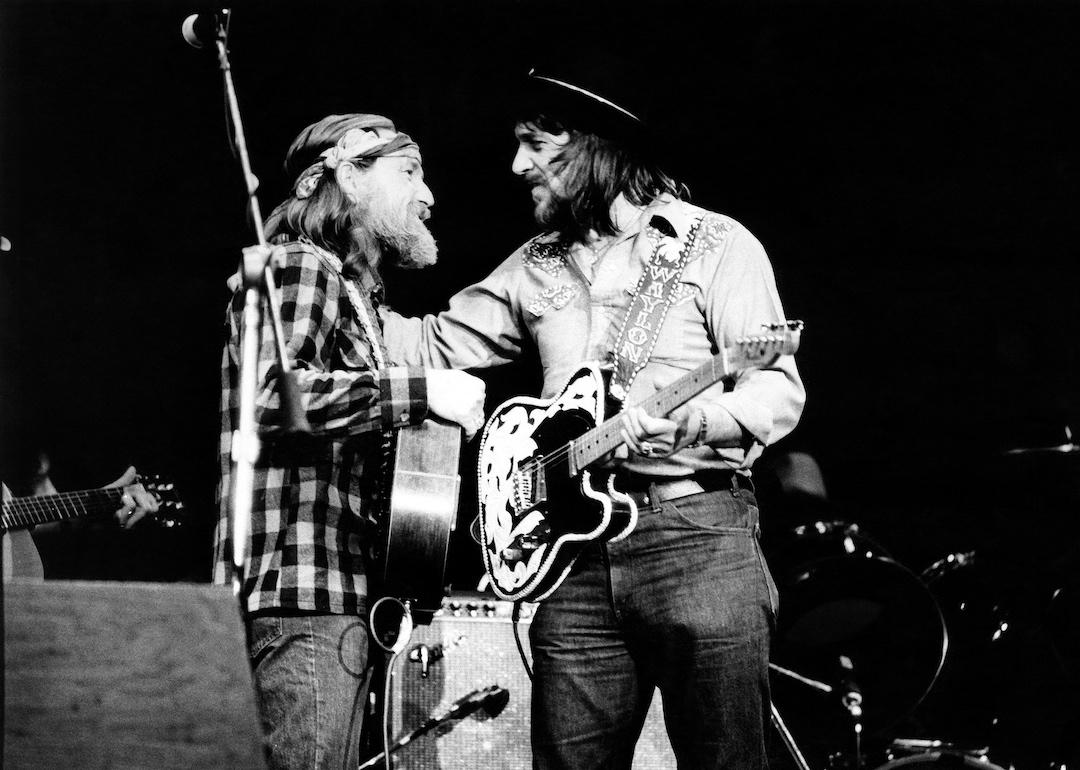 Willie Nelson and Waylon Jennings perform on stage together in New York in April 1978.