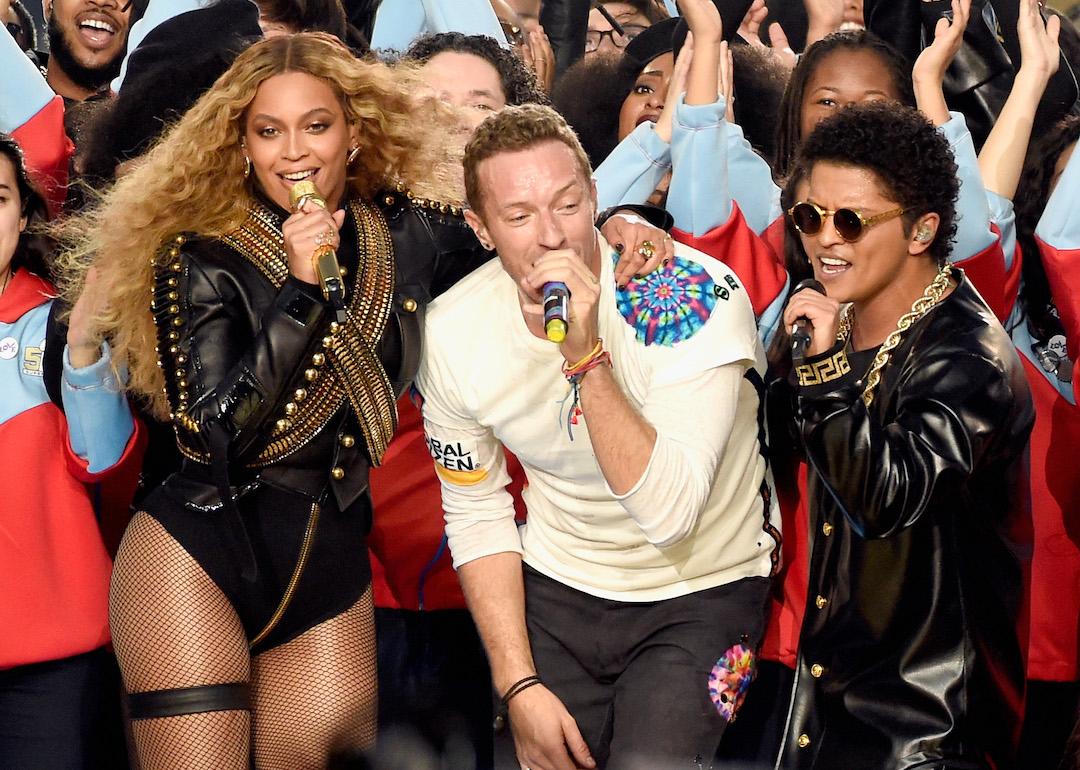 Beyonce, Chris Martin of Coldplay, and Bruno Mars perform onstage during the Pepsi Super Bowl 50 Halftime Show at Levi's Stadium on Feb. 7, 2016 in Santa Clara, California.