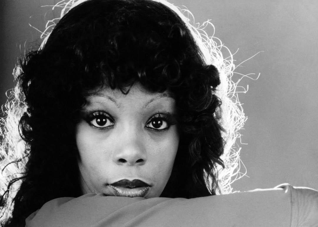 Black-and-white photo of portrait of disco diva Donna Summer in 1975.