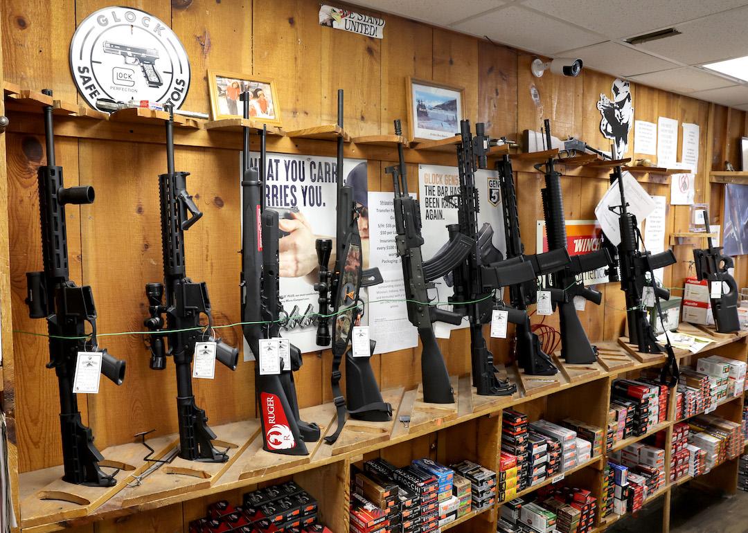 Assault-style rifles, which are banned for sale as of Jan. 2023 in Illinois, displayed at Freddie Bear Sports in Tinley Park, Illinois.
