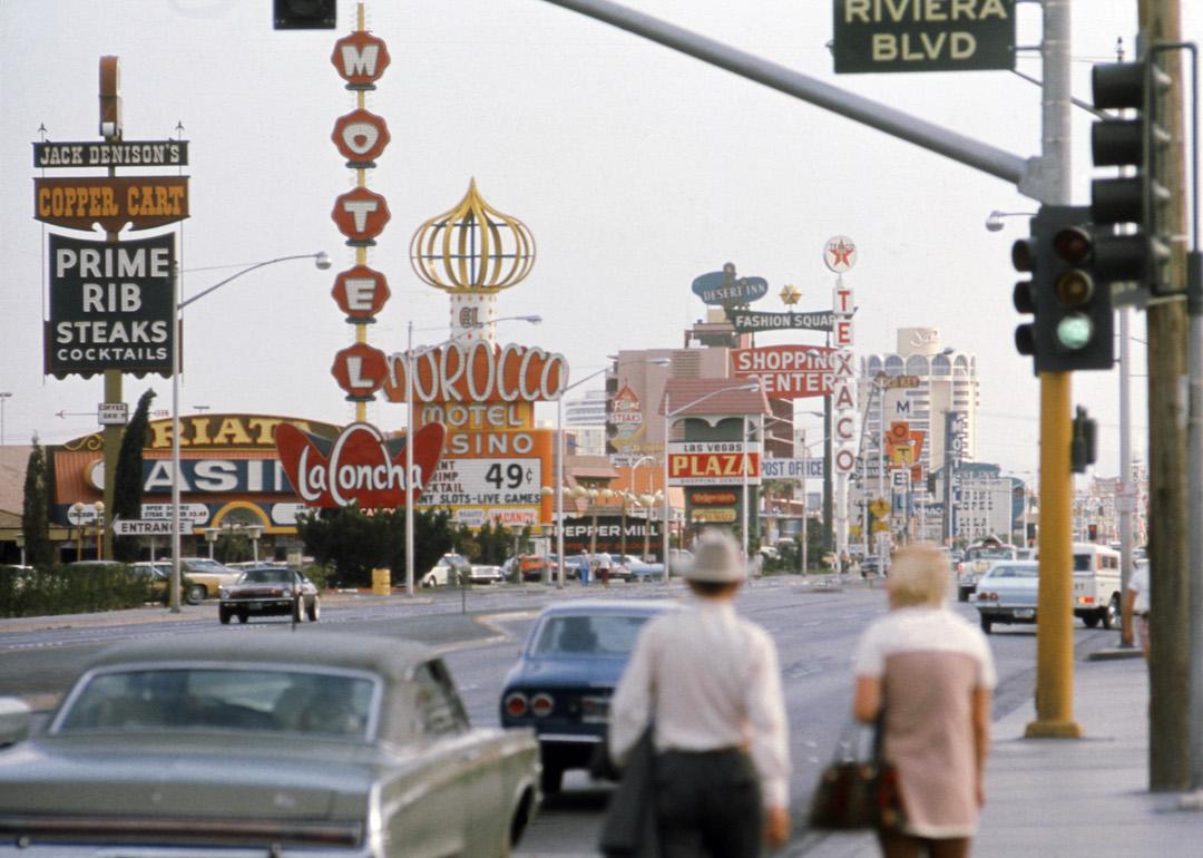 A view of the intersection of the Las Vegas Strip and Riviera Boulevard, the Morocco Motel and Sands Hotel are in the background in November 1975 in Las Vegas, Nevada.