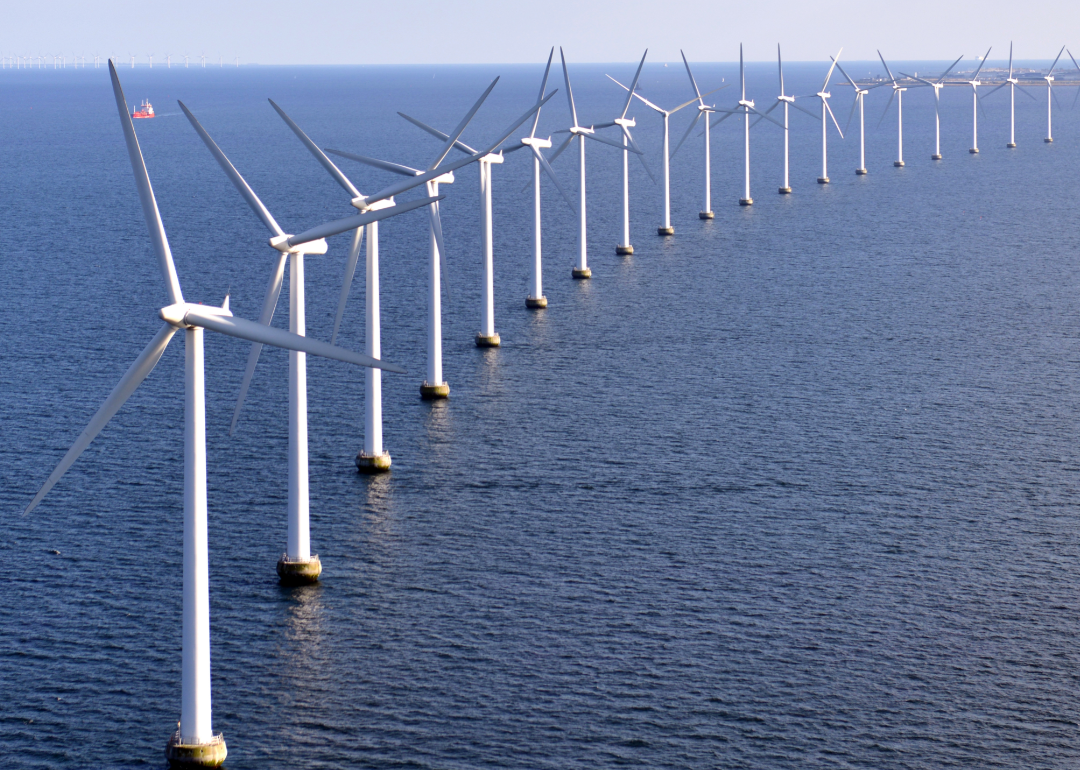 Image shows a long row of wind turbines protruding from a body of water