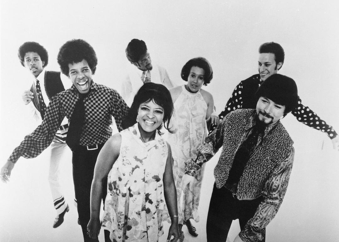 Black and white image of rock band Sly and the Family Stone in 1969.