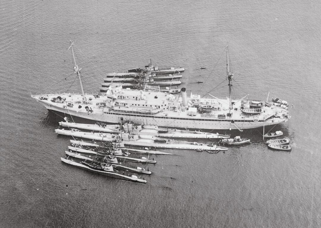 Aerial view of USS Holland and Type V Submarines.