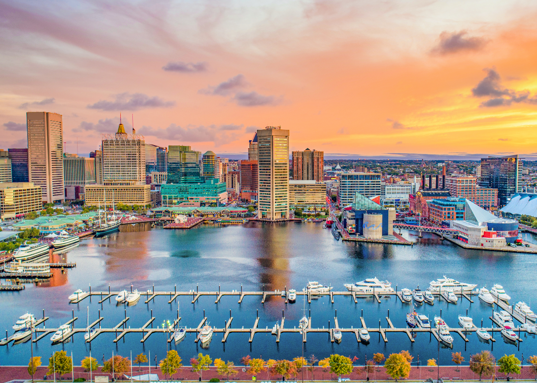 Aerial view of Baltimore, Maryland's Inner Harbor skyline.