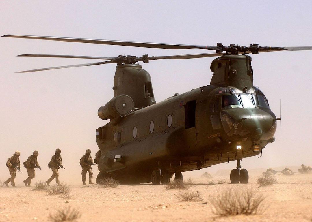Soldiers enter a Chinook helicopter Oct. 11, 2001 in Afghanistan.