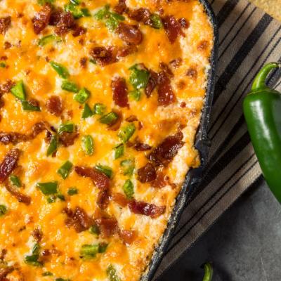 Homemade spicy jalapeño popper dip with bacon.