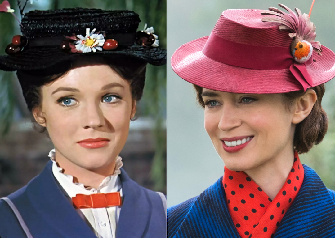 Julie Andrews as Mary Poppins in 'Mary Poppins' and Emily Blunt as Mary Poppins in 'Mary Poppins Returns.'