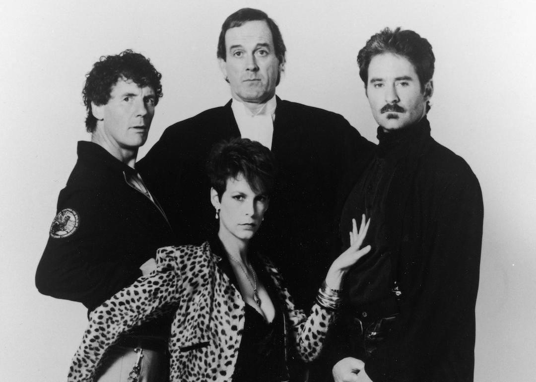 Actors Michael Palin (left), John Cleese (center), Kevin Kline (right), and Jamie Lee Curtis (front), stars of the 1988 film 'A Fish Called Wanda.'