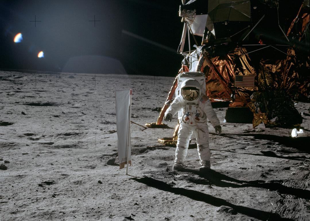 Astronaut Edwin E. Aldrin Jr. during the Apollo 11 extravehicular activity (EVA) on the lunar surface in July 1969. This photograph was taken by astronaut Neil A. Armstrong.