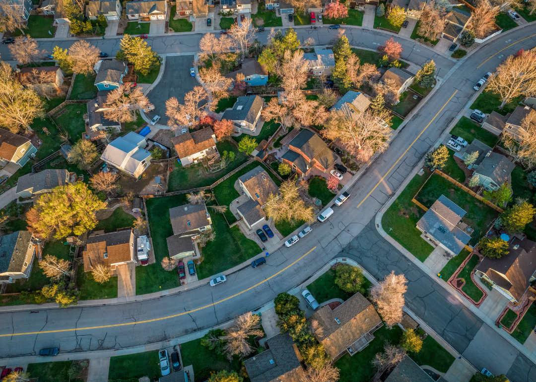 Aerial view of a residential neighborhood with homes.
