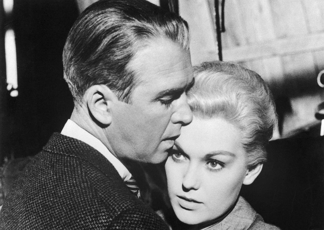 Actors James Stewart and Kim Novak embrace in a scene from the movie 'Vertigo.'