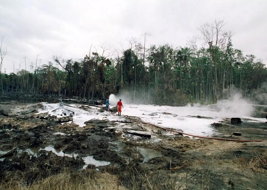 A view taken July 12, 2000 shows the scene of the blaze in which more than 250 people died this week while villagers risked their lives scooping fuel from a vandalized pipeline in Ovive Court in Warri, Nigeria.