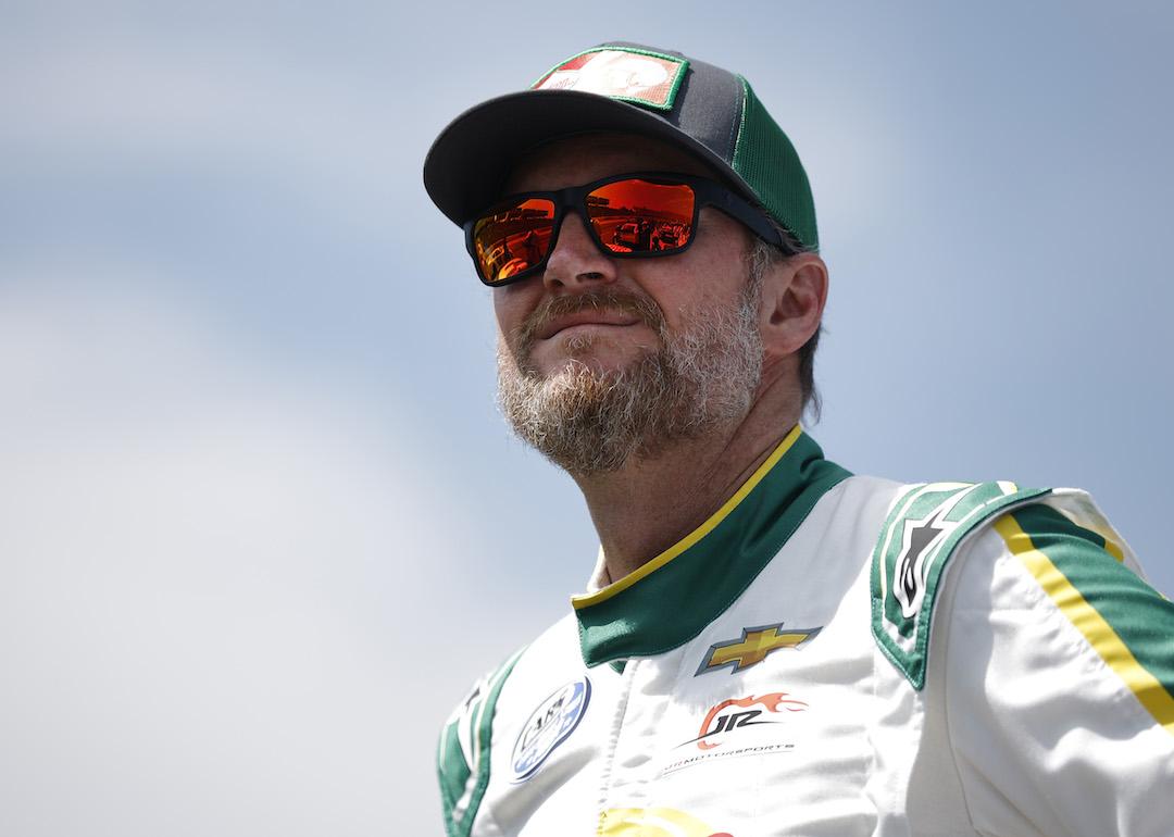 Dale Earnhardt Jr. stands on the grid during qualifying for the CARS Late Model Stock Car Tour Window World 125 at North Wilkesboro Speedway on May 17, 2023 in North Wilkesboro, North Carolina.