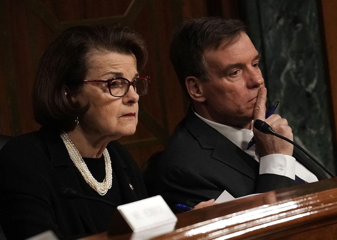 Sen. Mark Warner (D-VA) and Sen. Dianne Feinstein (D-CA) listen during a hearing before Senate (Select) Intelligence Committee March 7, 2018 on Capitol Hill in Washington, D.C.