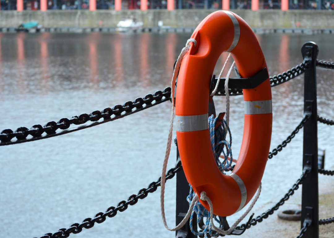 A life preserver and a chain link fence with a body of water in the background.