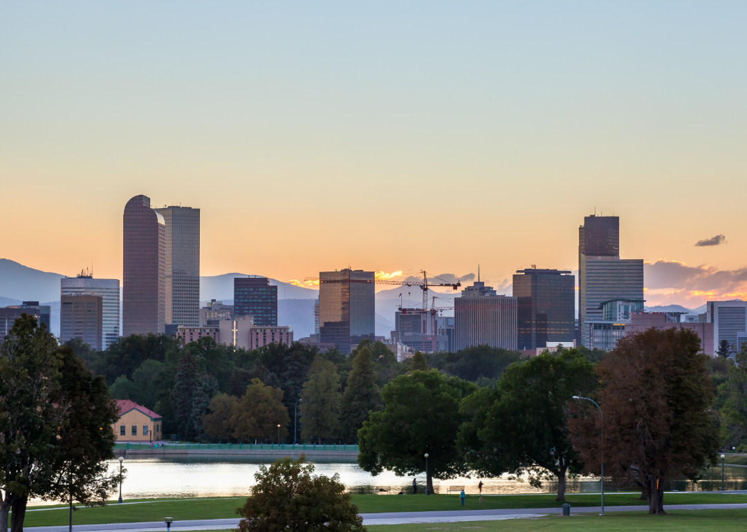 A distant view of the Denver skyline.