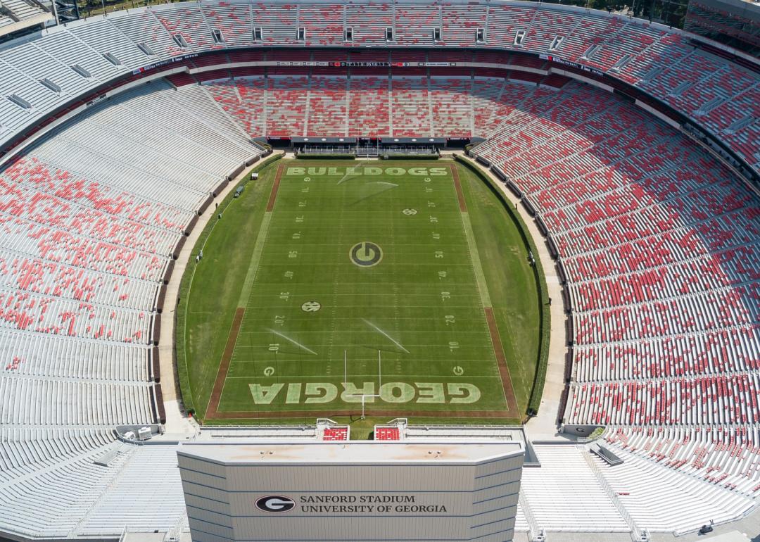Aerial views of Sanford Stadium, which is the on-campus playing venue for football at the University of Georgia in Athens, Georgia.